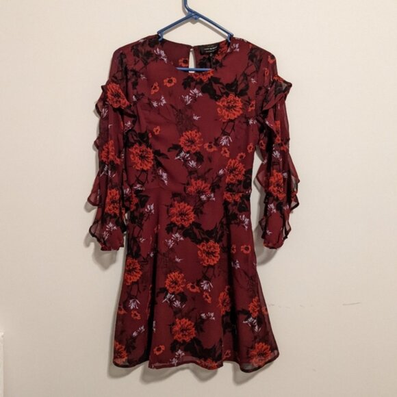 NWT Lucky Brand red floral long sleeves with ruffles flare dress size 0 - Picture 2 of 10